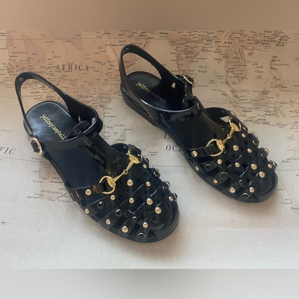 Jeffrey Campbell Jellin Black Fisherman Jelly Sandals Gold Bling Size 42 | 9.5